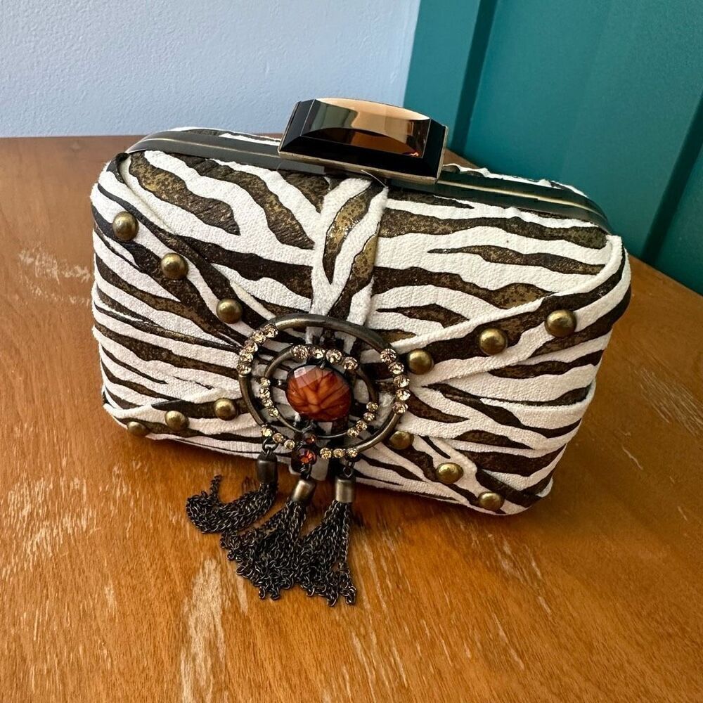 Mary Frances Aria Bronze Zebra Printed Tassel Versatile Shoulder Clutch Bag - Picture 10 of 14
